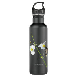 Blüte mit Schmetterling auf schwarz, personalisier Edelstahlflasche