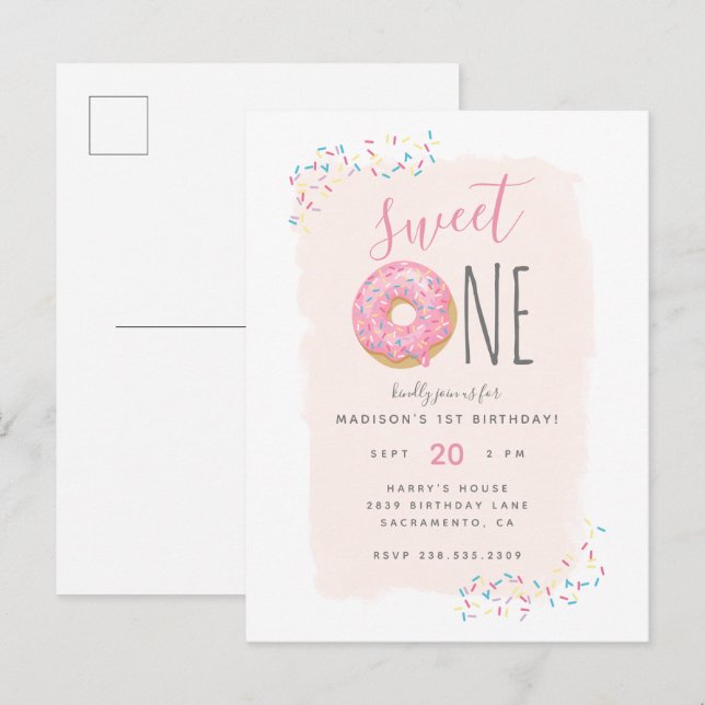 Blüte | Pink Doughnut Sprinkle Sweet 1st Birthday Einladungspostkarte (Vorne/Hinten)