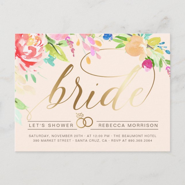 Blüte | Rose & Gold Diamond Ring Brautparty Einladungspostkarte (Vorderseite)