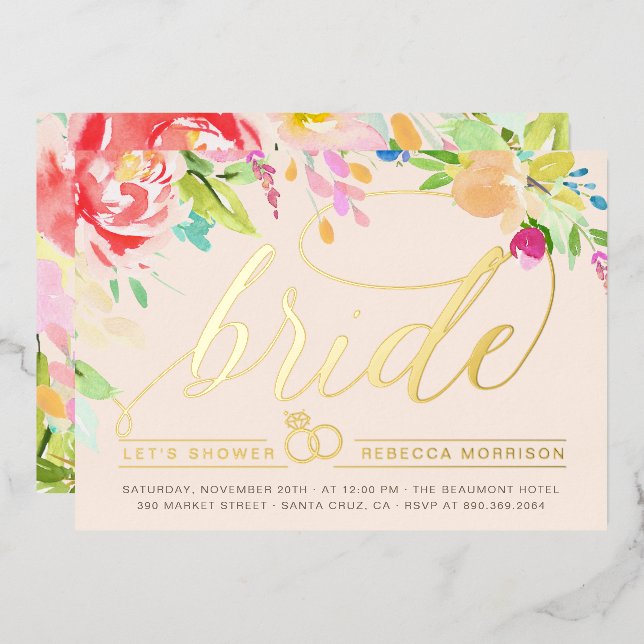 Blüte | Rose & Gold Diamond Ring Brautparty Folieneinladung (Vorderseite/Rückseite)
