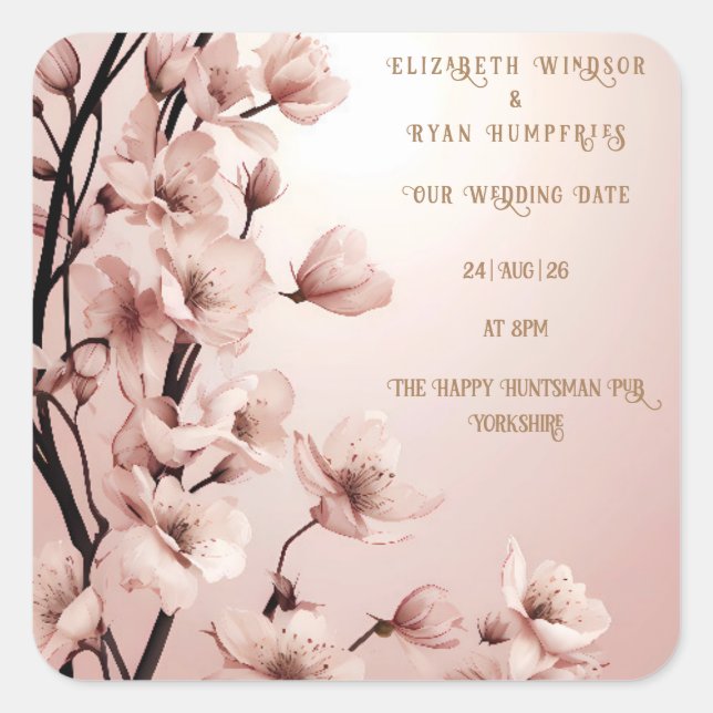 Blüten der Liebe" Einladung zur Hochzeit Quadratischer Aufkleber (Vorderseite)