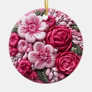 Blüten im Blut: Rosa Stickerei Keramik Ornament