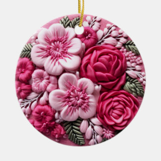 Blüten im Blut: Rosa Stickerei Keramik Ornament