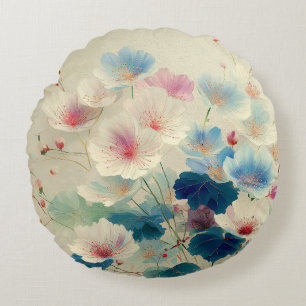 Blüten in Blüte – Sanfte Pastell-Botanik-Kunst #1 Rundes Kissen