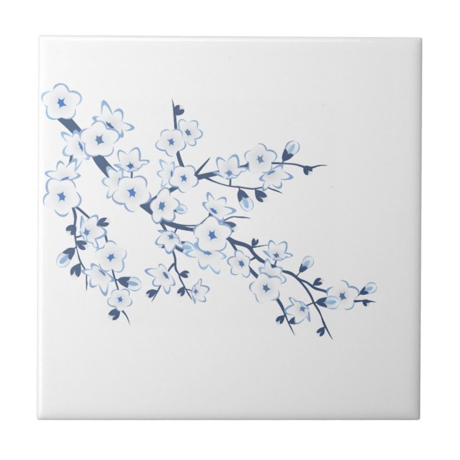 Blüten-Kirschblüten Blau Weiß Fliese (Vorderseite)