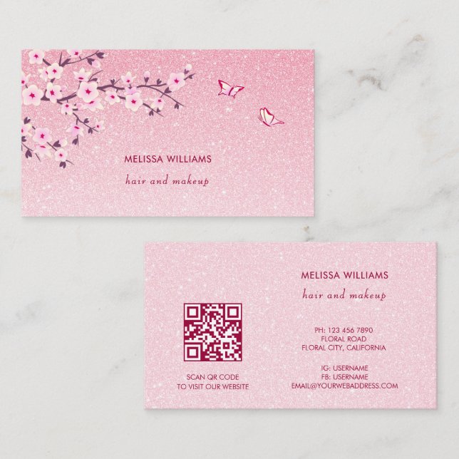 Blüten-Kirschblüten-Rosa-Glitter-QR-Code Visitenkarte (Vorne/Hinten)