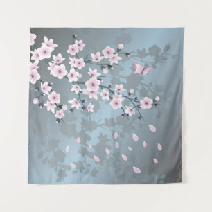 Blüten-Kirschblüten-Staubrosa-Blau Wandteppich