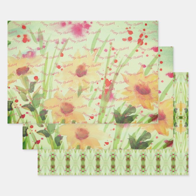 Blüten mit Grün und Creme Geschenkpapier Set (Set)