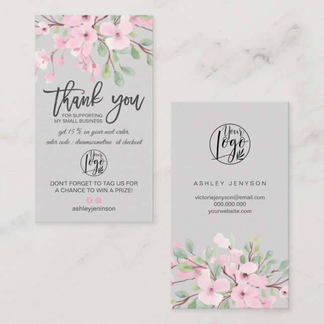 Blüten rosa Blumenlogo Ordnung danke Visitenkarte (Vorne/Hinten)