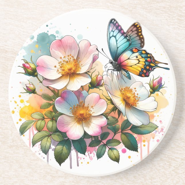 Blüten & Schmetterlinge Sandstein Untersetzer (Vorne)