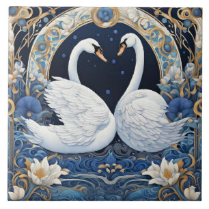 Blüten-Schwäne Art Nouveau Vogel Art Deco Blau Fliese