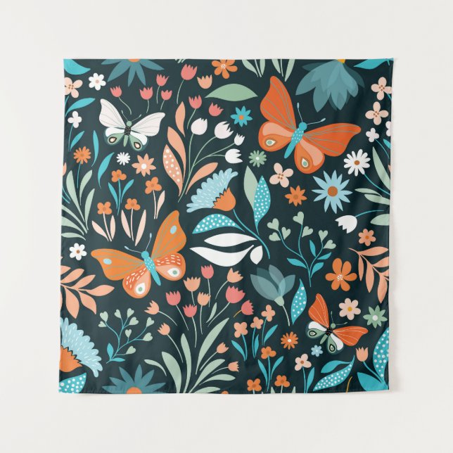 Blüten und Schmetterlinge, dekorative nahtlose Pat Wandteppich (Vorderseite)