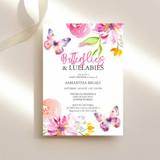 Blüten und Schmetterlinge Gartendusche Einladung (Butterfly baby shower invitation features floral and butterflies watercolor art Victoria Grigaliunas)