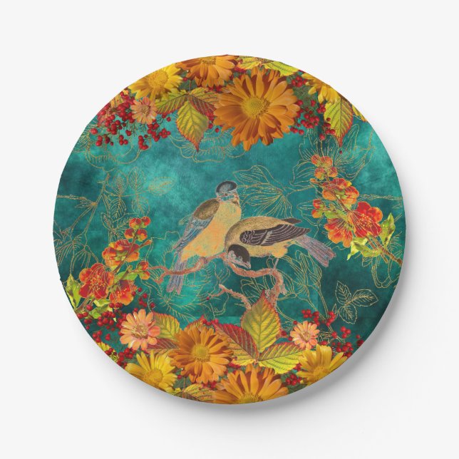 Blüten und Vögel Orange, Rot, Gelb, Aquamarine Rüc Pappteller (Vorderseite)