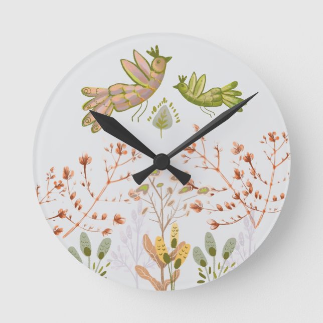 Blüten und Vögel Runde Wanduhr (Vorderseite)