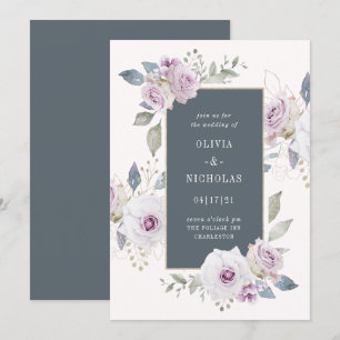 Blüten und weiche Violettblüte mit Grau   Hochzeit Einladung