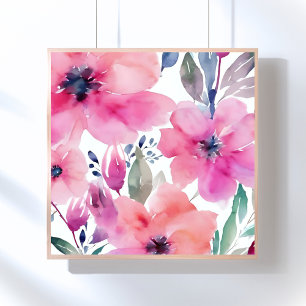 Blüten   Wasserfarben Rosa Blumen Gemalt Poster