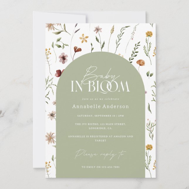 Blütenbaby Dusche Wildblume Laubbogen Einladung (Vorderseite)