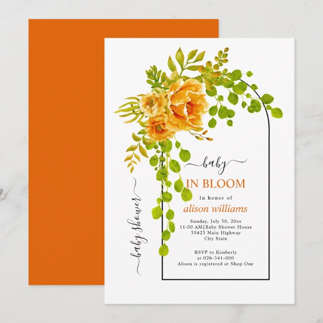 BlütenBaby mit orangefarbenen Blume und Baby-Dusch Einladung (Vorne/Hinten)