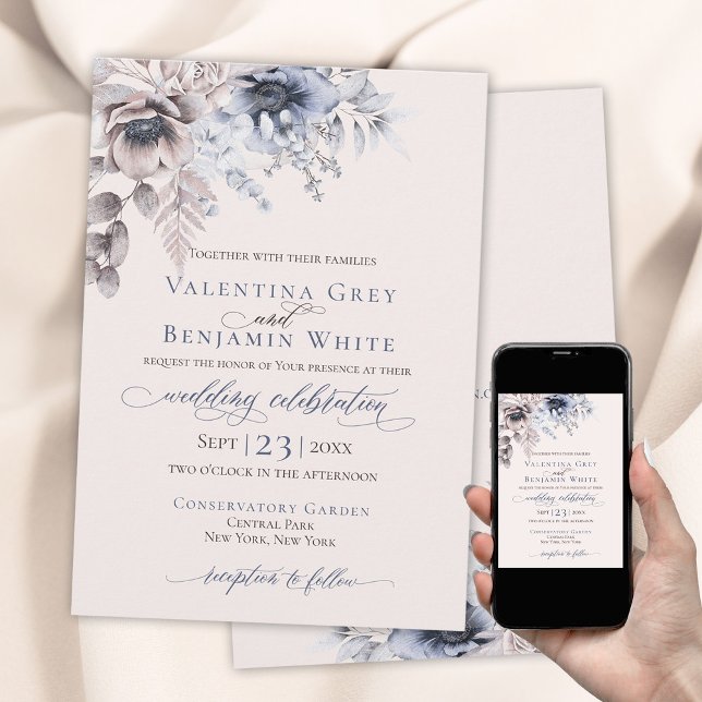 Blütenbeige, elegant einladung (Beige blue elegant classy wedding invitation. )