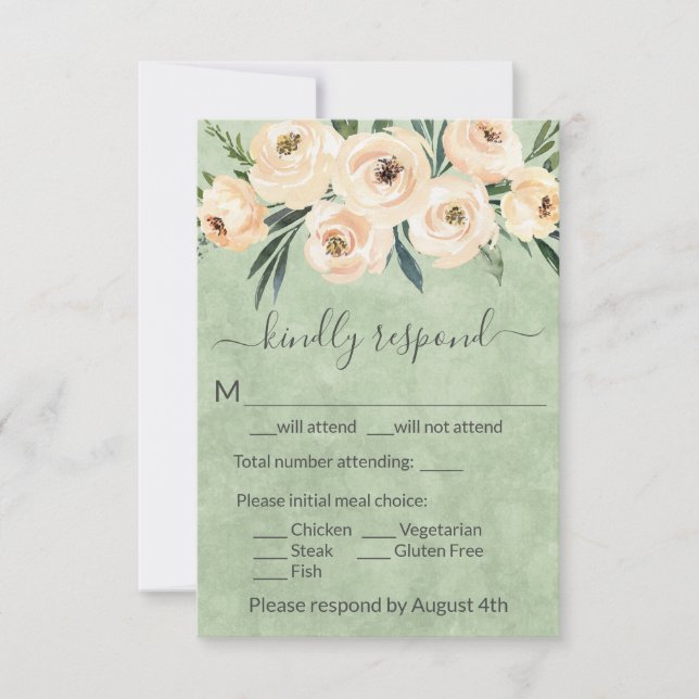 Blütenbeige Rose Gold auf Grün RSVP Karte (Vorderseite)