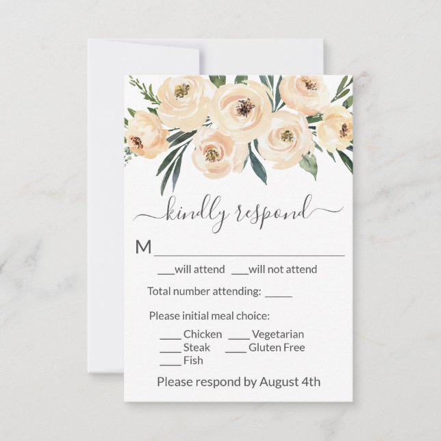 Blütenbeige Rose Gold auf Weiß RSVP Karte (Vorderseite)