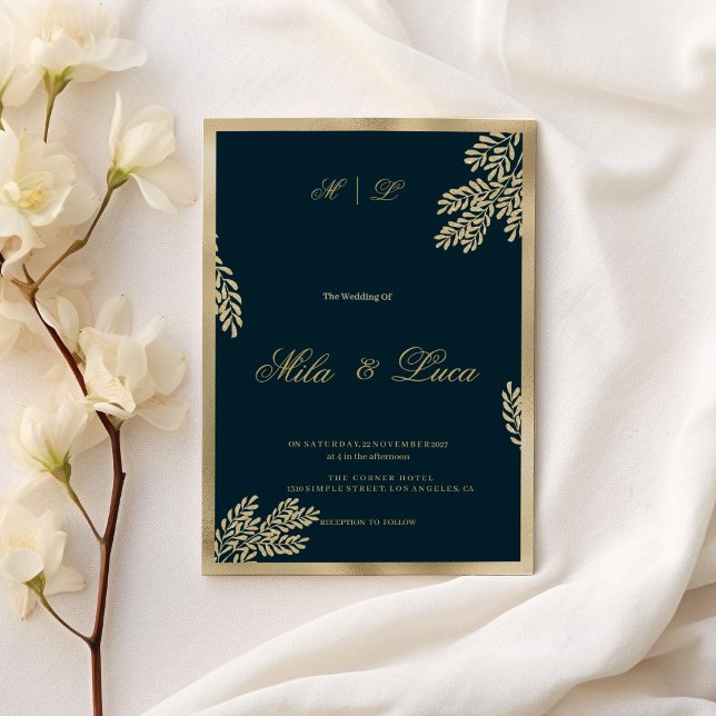 Blütenblatt-Hochzeit mit blauem Glitzer Einladung (Navy blue gold glitter leaf floral Wedding)