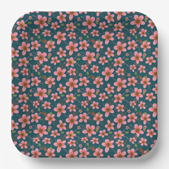 Blütenblau, Rosa und Orange Pappteller (Vorderseite)