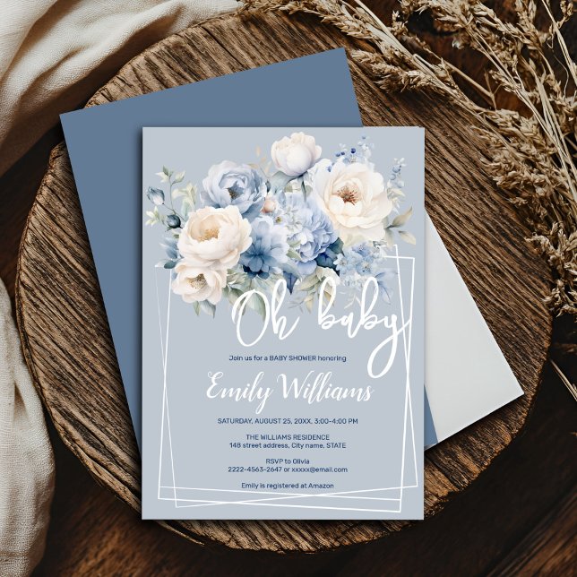 Blütenblau und Elfenbeinblütendusche Einladung (Blue and white roses and peonies floral watercolor baby shower invitation )