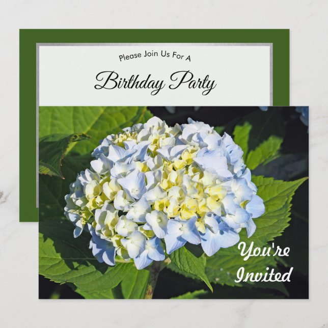 Blütenblau und Gelb-Hydrangea-Foto Geburtstag Einladung (Vorne/Hinten)