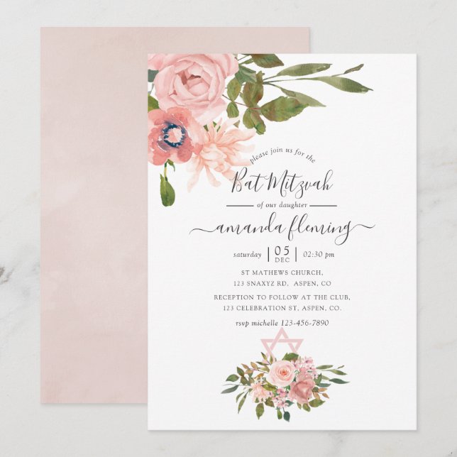 Blütenblau und Rose Gold Bat Mitzvah Einladung (Vorne/Hinten)