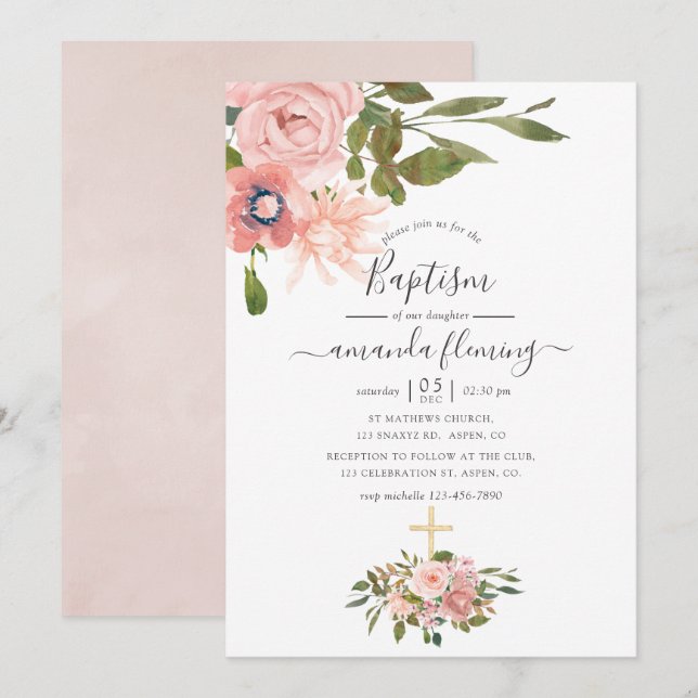 Blütenblau und Rose Gold Taufe Einladung (Vorne/Hinten)