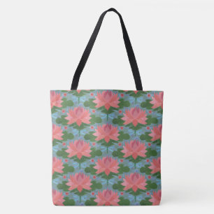 Blütenblaue Libellen, rosa Wasserlilien, auf blau Tasche
