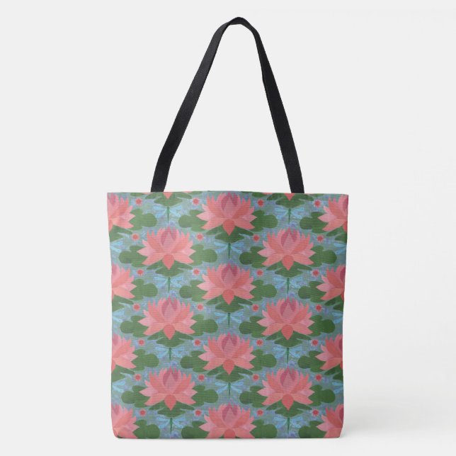 Blütenblaue Libellen, rosa Wasserlilien, auf blau Tasche (Vorderseite)
