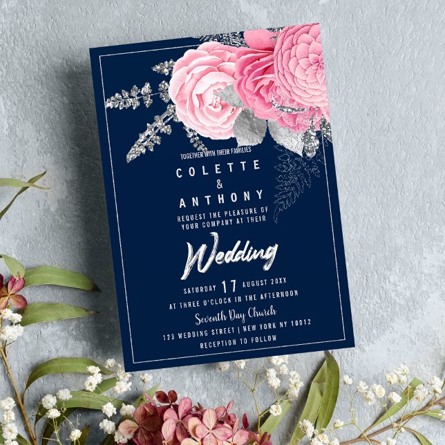 Blütenblühende Hochzeit mit Blütenblütenblütenblüt Einladung (Peony pink silver glitter navy blue floral Wedding )