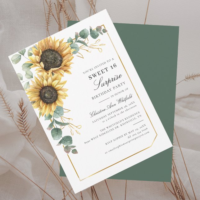 Blütenblume Eukalyptus Sweet 16 Birthday Einladung (Sunflower Floral Eucalyptus 16th Birthday Party Surprise Sweet Sixteenth Invitation)
