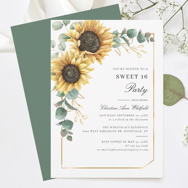 Blütenblume Eukalyptus Sweet 16 Party Einladung (Sunflower Floral Eucalyptus 16th Birthday Party Sweet Sixteen Invitation)