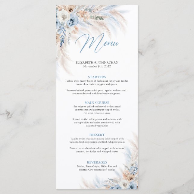 Blütenblumen und Pampasgras Hochzeitsessen Menükarte (Vorderseite)