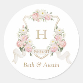 Blütenblush Rose Monogramm Wappen Umschlag Runder Aufkleber