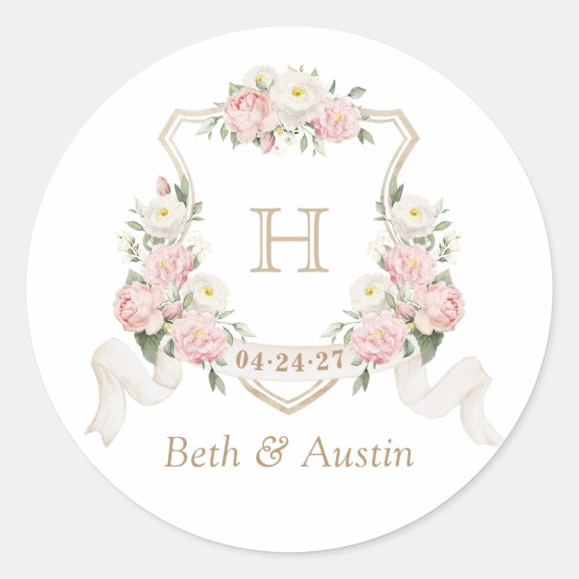 Blütenblush Rose Monogramm Wappen Umschlag Runder Aufkleber (Vorderseite)
