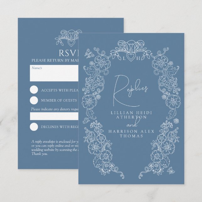 Blütenblüte in mittelblau-grauem Monogramm UAWG Ho RSVP Karte (Vorne/Hinten)