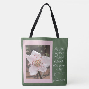 Blütenblüte (Pfirsichblüte) mit Vers aus Psalm 118 Tasche