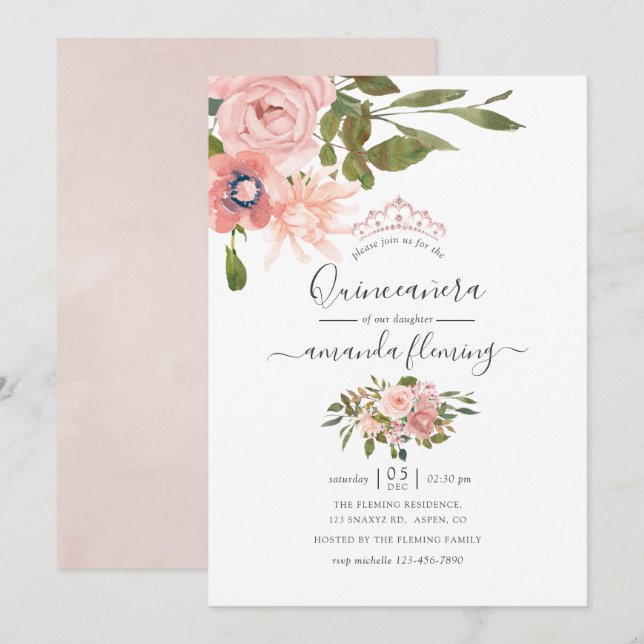 Blütenblüte und Rose Gold Quinceñera Einladung (Vorne/Hinten)