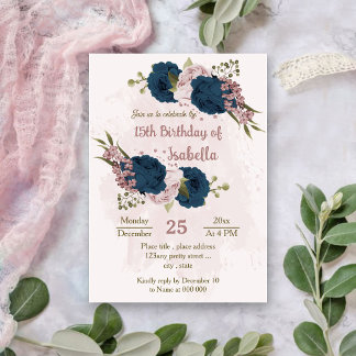 Blütenblüten aus rosa Marineblau botanischer Gebur Einladung