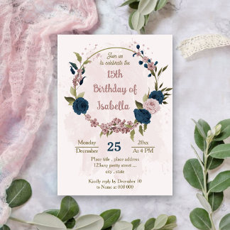 Blütenblüten aus rosa Marineblau botanischer Gebur Einladung