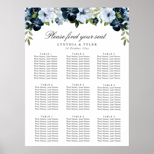 Blütenblüten der Marine Hochzeitskarte Poster (Vorne)