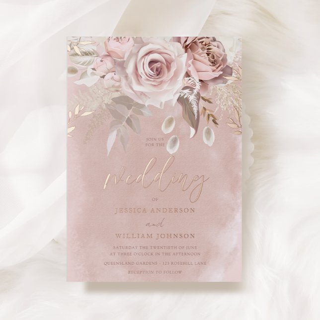 Blütenblütenblütenhochzeit Rose Gold Folieneinladung (Von Creator hochgeladen)