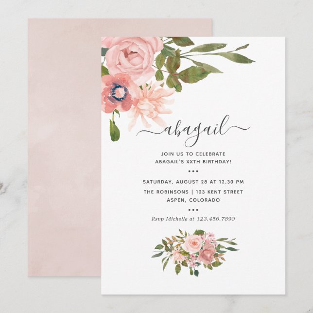 Blütenblütenrot und Rose Gold Geburtstag Einladung (Vorne/Hinten)