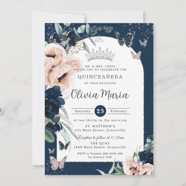 Blütenblütenschmetterlinge Quinceañera Einladung (Vorderseite)