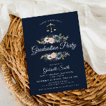Blütenblütenschülerpartei Einladung<br><div class="desc">Eine elegante Foto-Abschluss-Einladungskarte mit Blau-Weiß-Farbtönen und Blume in marinebrosa und rot. Die Textdetails und das Bild können personalisiert sein.</div>